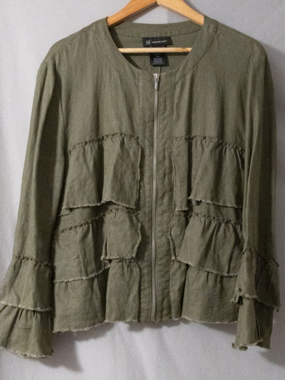 INC Womens Layered Ruffles Linen Olive Green Army Green Jacket